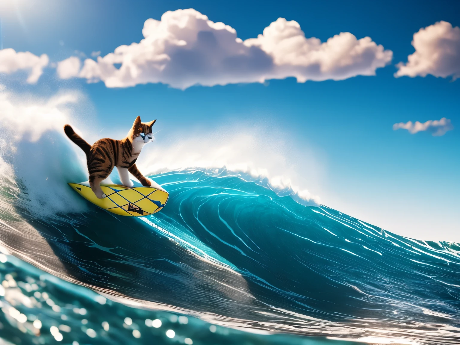 (Surfing cat:1.2), Very Cute cat, A cat with all its hair shaved except for its head, Highly detailed CG, Super detailed, sea waves, Big Wave, no humans, bright sunny day, shaved pussy cat,