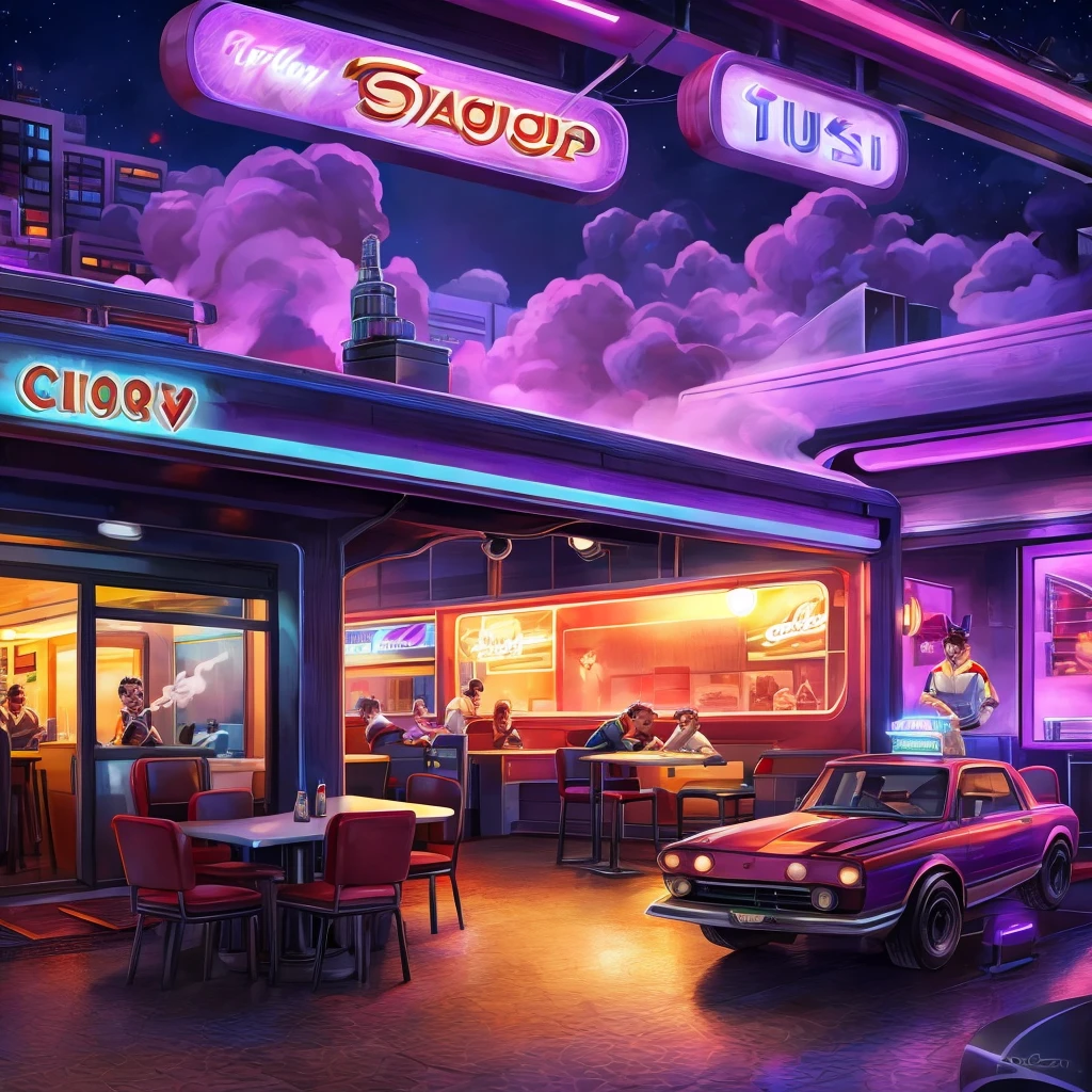 Diner with a bouncing M on top with a truchei car drive releasing smoke from the chimney in a more futuristic style carton with purple lights