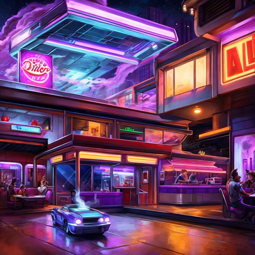 Diner with a bouncing M on top with a truchei car drive releasing smoke from the chimney in a more futuristic style carton with purple lights