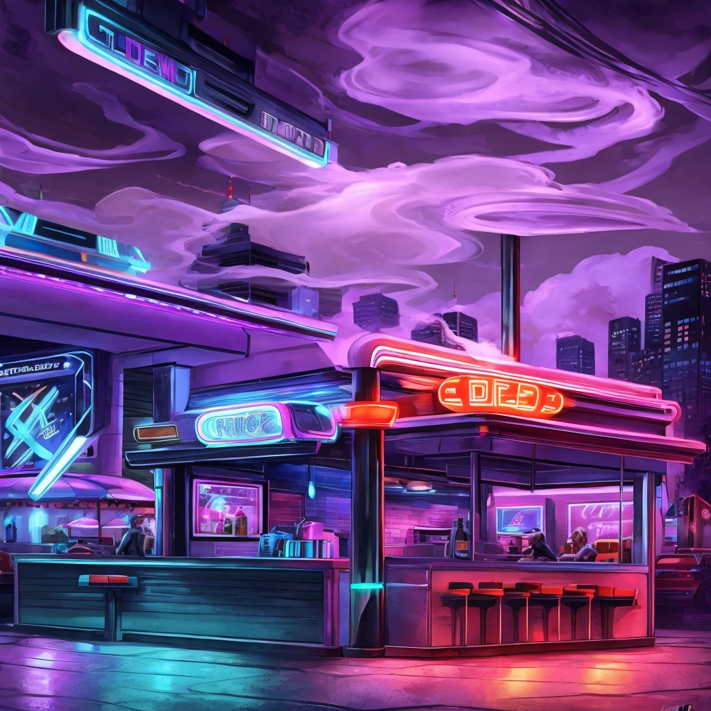 Diner with a bouncing M on top with a truchei car drive releasing smoke from the chimney in a more futuristic style carton with purple lights
