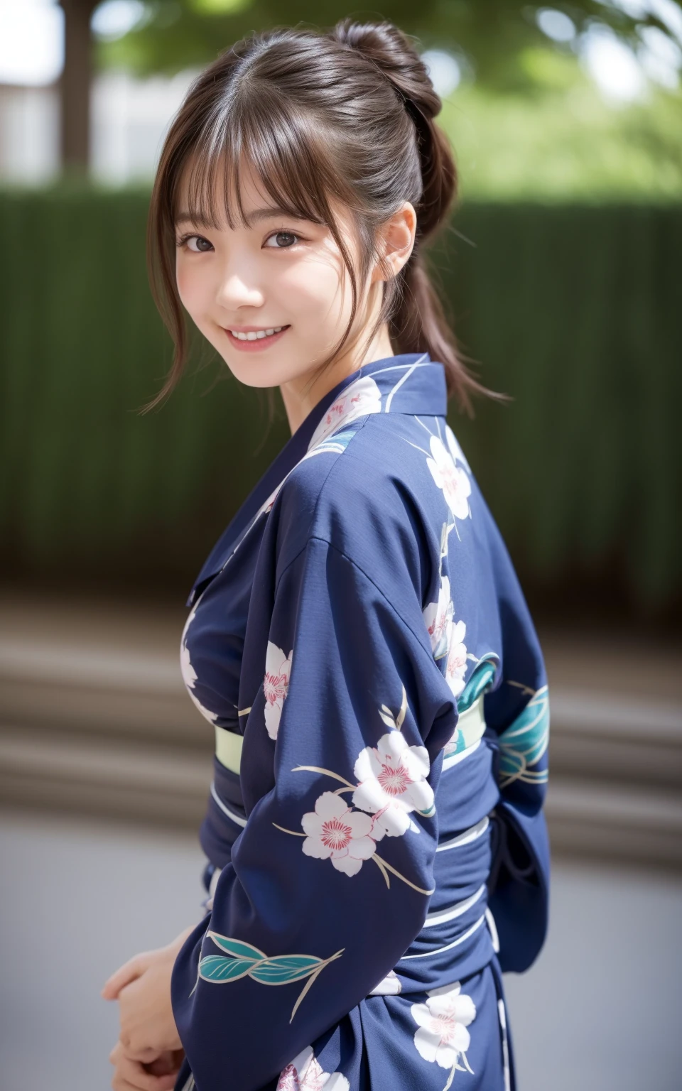 （8k、live-action、Raw photo、Highest quality、masterpiece：1.2),(Town, summer, Outdoors,Front lighting:1.2),((Perfect lighting)),(濡れたhair),smile,(Standing pose:1.4), strong,(Erotic),18-year-old,student,White skin,knees,Small Face,前hairを真ん中から分けます、The forehead is visible,skinny,skinny)、masterpiece,Highest quality、超A high resolution,One person, solo,Close-up shot、cute、Back to Students,(yukata:1.3),High school girl,Japanese women,（フォトReal：1.37）、Photon Mapping,Realistic、cuteSmall Face,Brown eyes、prospect、Depth of written boundary、Blurred Background、Real,(前hairが見える), hair, kneesが見える, thigh,(Nogizaka Idol), actress、Big and ample breasts、Cleavage、Super fine、Low people、(Skin with visible pores:1.2)、(Focus on the face)、Natural neck、Check and correct the skeleton