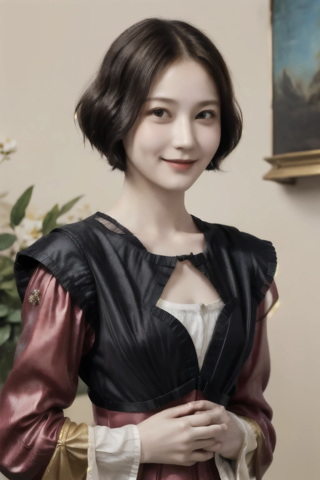 262 20-year-old female,(Short Hair 46),(Genuine,chest:1.5),Old-fashioned smile,(Paintings by Leonardo da Vinci),flower