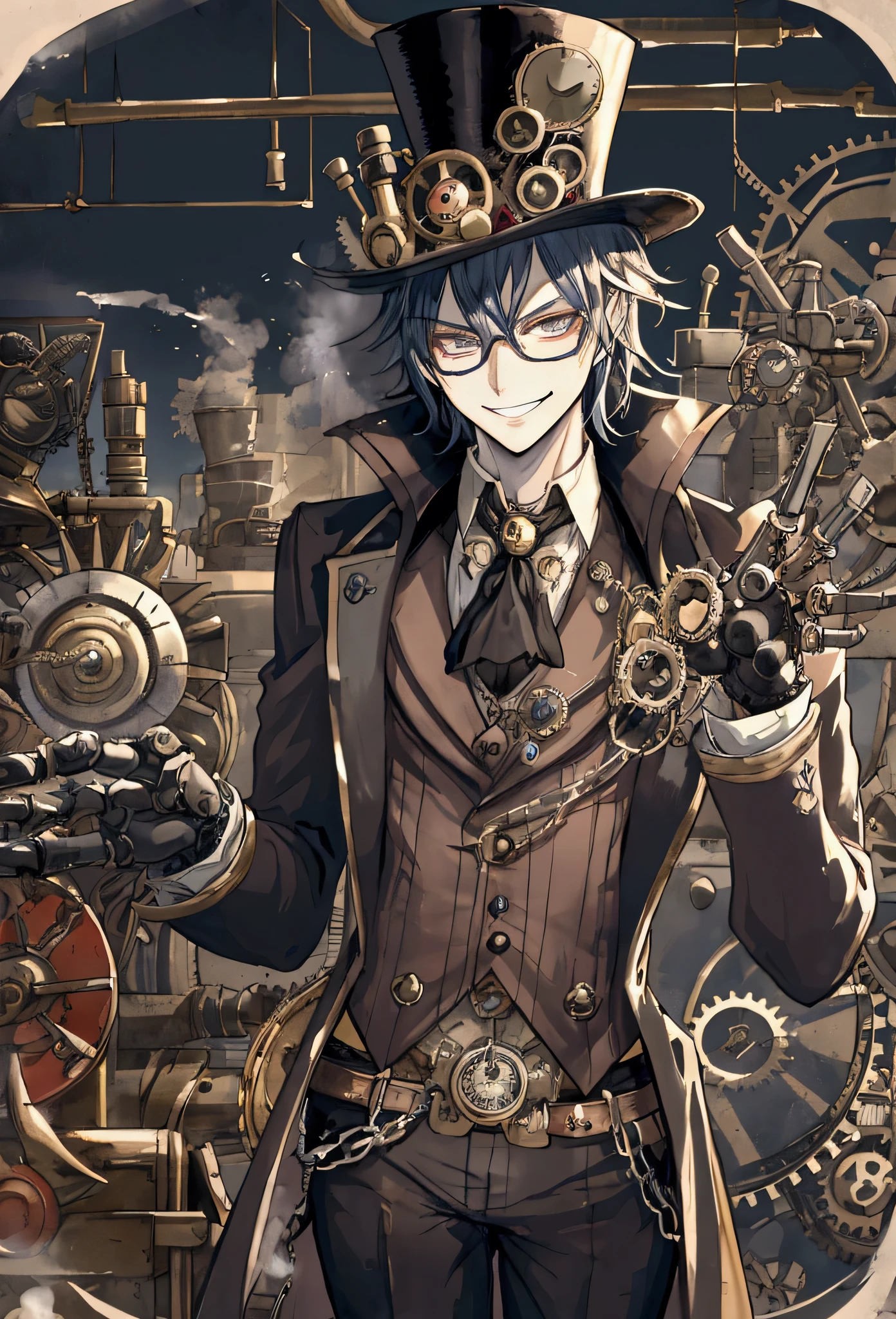 "Steam Punk Joker with a mischievous smile, Wear a top hat decorated with gear and glasses., Holding a deck of cards with mechanical hands, Surrounded by smoke and industrial background, With steam-powered engines and moving gears, Creates a feeling of mystery and intrigue.."
