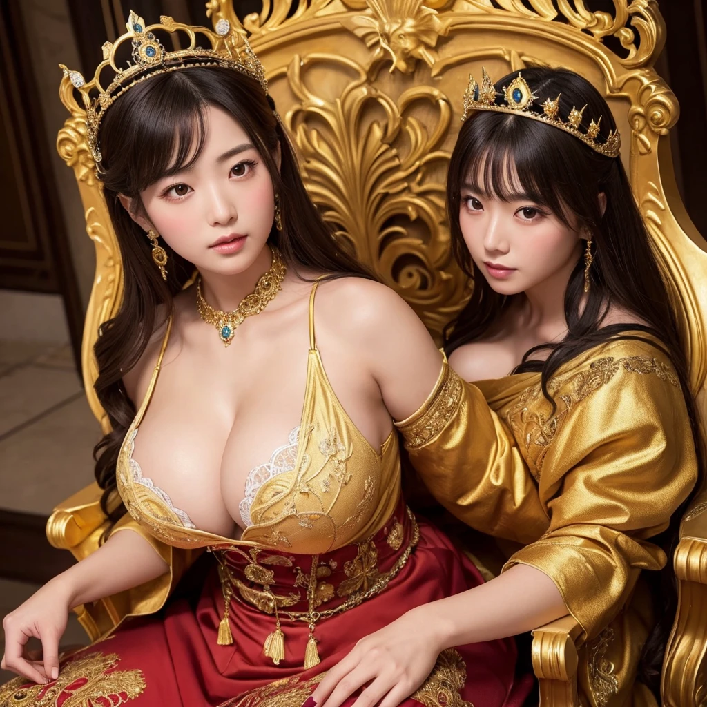 a confident japanese woman with exaggerated large breasts sitting on an ornate throne, Wearing a gorgeous shiny 赤dress and a large crown, looking down at the viewer, detailed facial features,hyper-realistic,8K,ultra-detailed,photorealistic,masterpiece,dramatic lighting,cinematic,oil painting,protected by knights,holding an ornate fan in her hands,golden room、Her breasts are so big they seem to burst out of her clothes.Her breasts are exposed、She is sitting on a very large throne looking down on us.Her breasts are about to burst out of her clothes