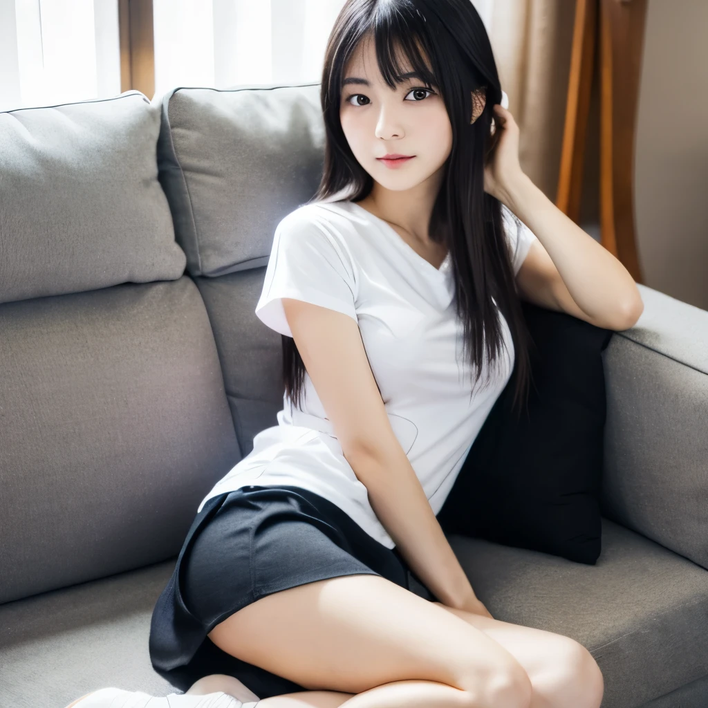 1 japanese young sexy girl,solo,best quality, masterpiece, 8k,raw photo, photo (object), extremely detailed, raw,realistic,sitting, looking at viewer,super Sexy skirt,white t-shirt,long hair,black hair, couch,Very tempting