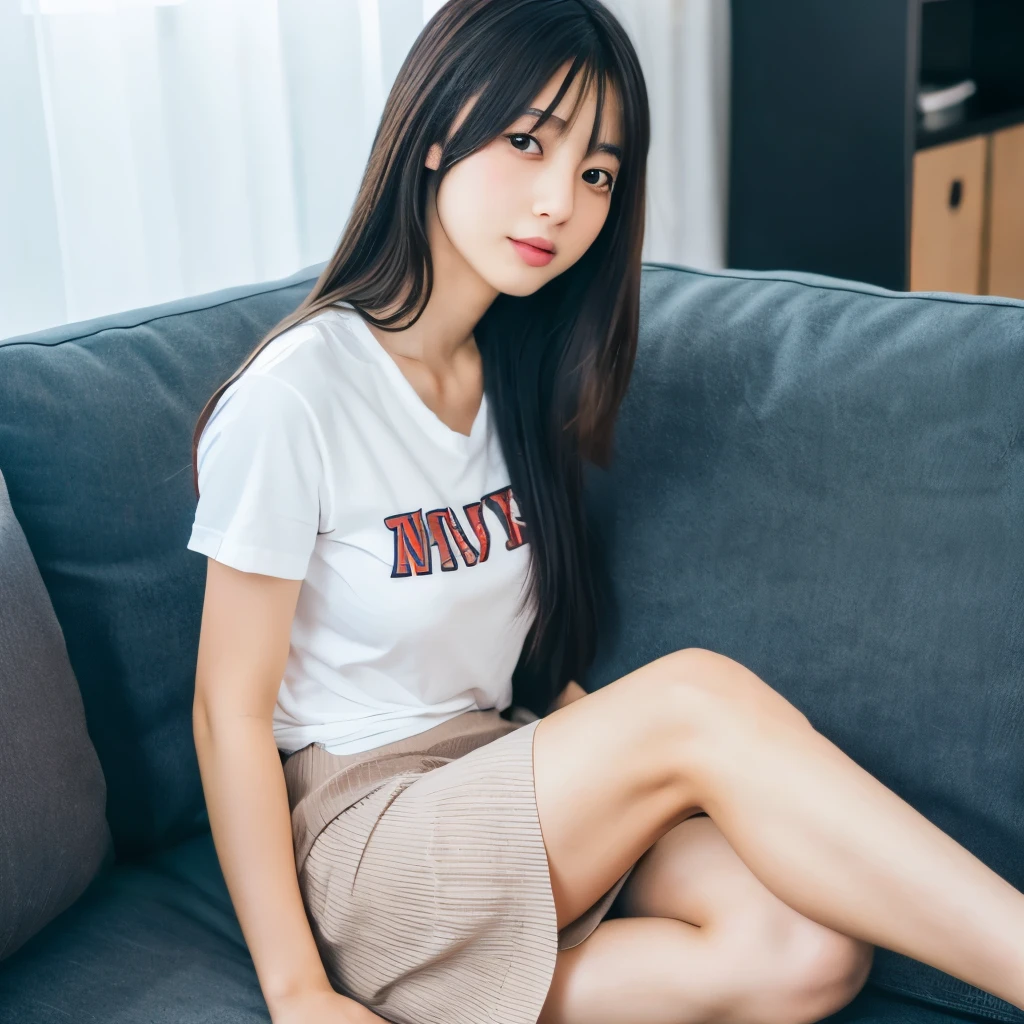 1 japanese young sexy girl,solo,best quality, masterpiece, 8k,raw photo, photo (object), extremely detailed, raw,realistic,sitting, looking at viewer,super Sexy skirt,white t-shirt,long hair,black hair, couch,Very tempting