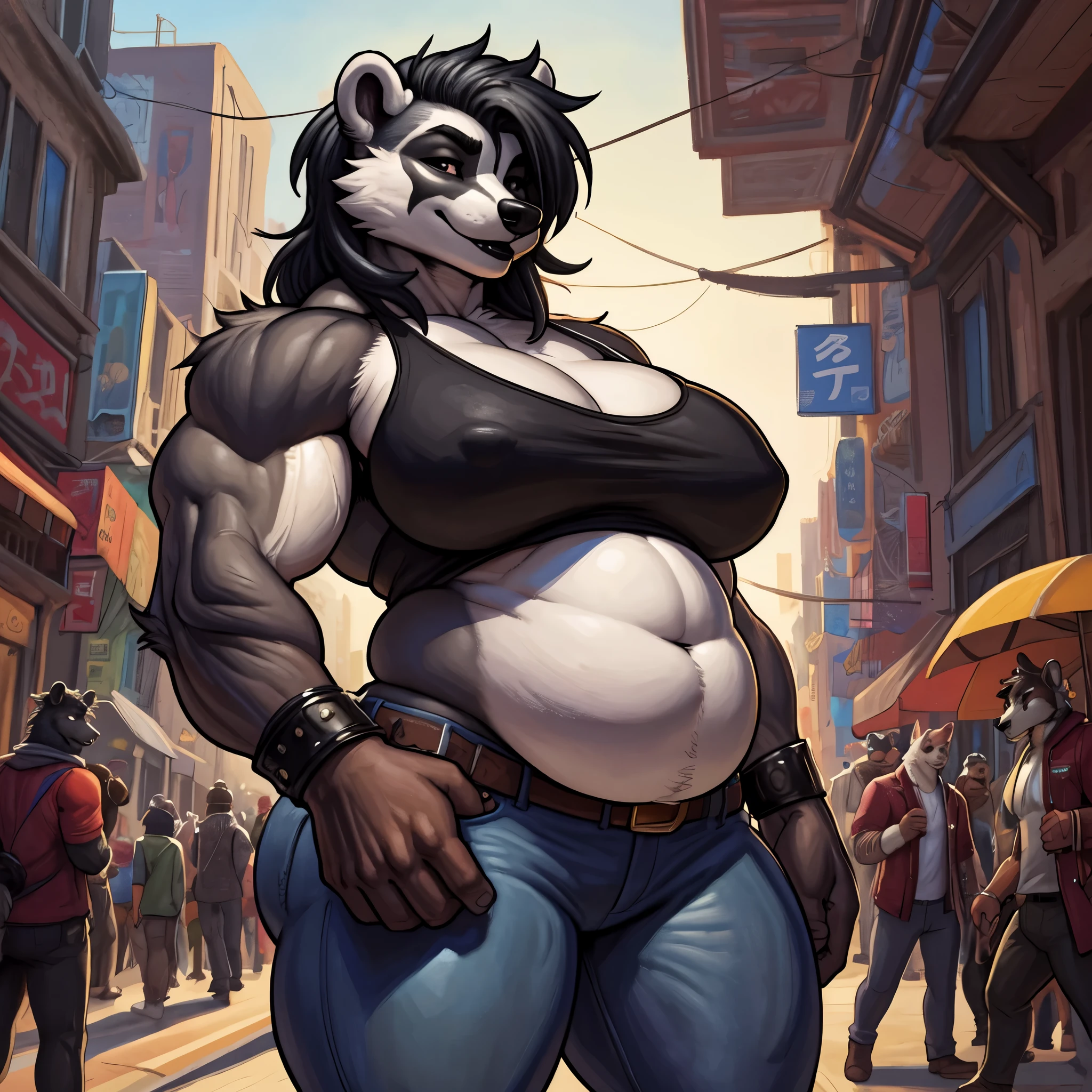 by darkgem, by duase, by meesh, female badger, standing, muscular, short, wide, broad, stocky, broad shoulders, thick, fat, chunky, thick waist, chubby, massive, tall, powerful, soft arms, musclegut, belly, huge breasts, highly detailed eyes, ((dark gray fur)), ((black and white badger markings)), (skunk tail), black hair, spiky hair, messy hair, punk style, wide hips, huge ass, streets of tokyo, busy streets, crowded, nose piercing, black eyeliner, black mascara, thick eyelashes, big bottom lip, black lip gloss, friendly, leather wrist strap, tank top, cleavage, (nipple outline:0.78), tight jeans, crowd of cute and muscular furries,