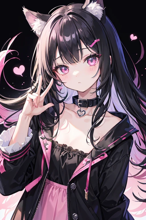 Thinned black hair、Messy hair、Make a peace sign、Black fluttering clothes、cute、Stylish、Black cat ears、Wearing a collar、magic、Fantasy、Young Girl、Hearts fly、pink、Taunt、bright、Stupidly