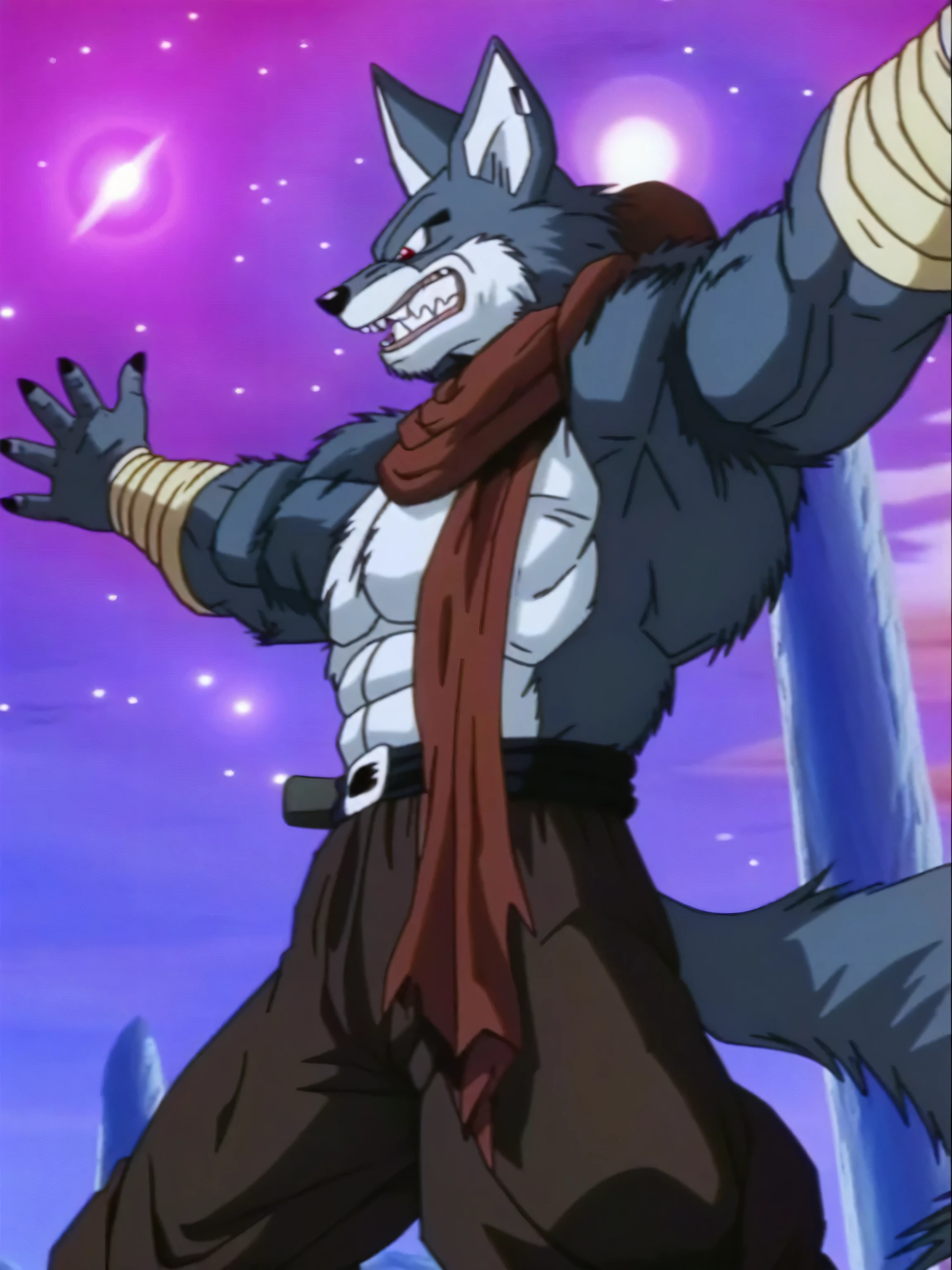 dragon ball z - screenshot screenshot screenshot, muscular werewolf, Wolf O'donnell, white fox anime, an anthro wolfpomorfo, anthropomorphic wolf male, furry anime, Full body closeup, fox and bush, this character has cryokinesis, an anthro wolf, SFW version