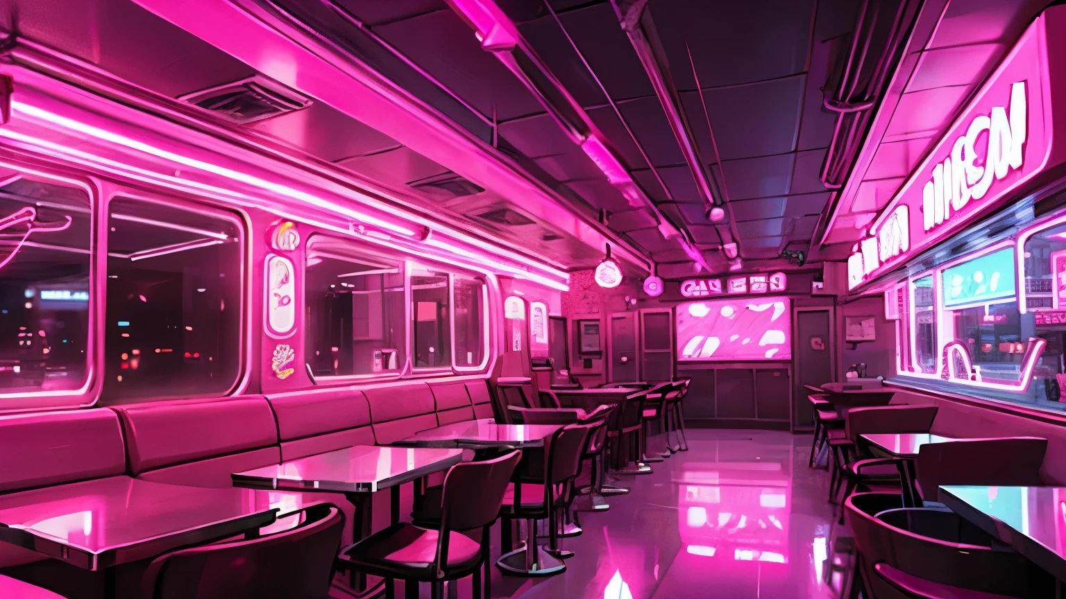 A shocking pink diner decorated with flashy neon lights