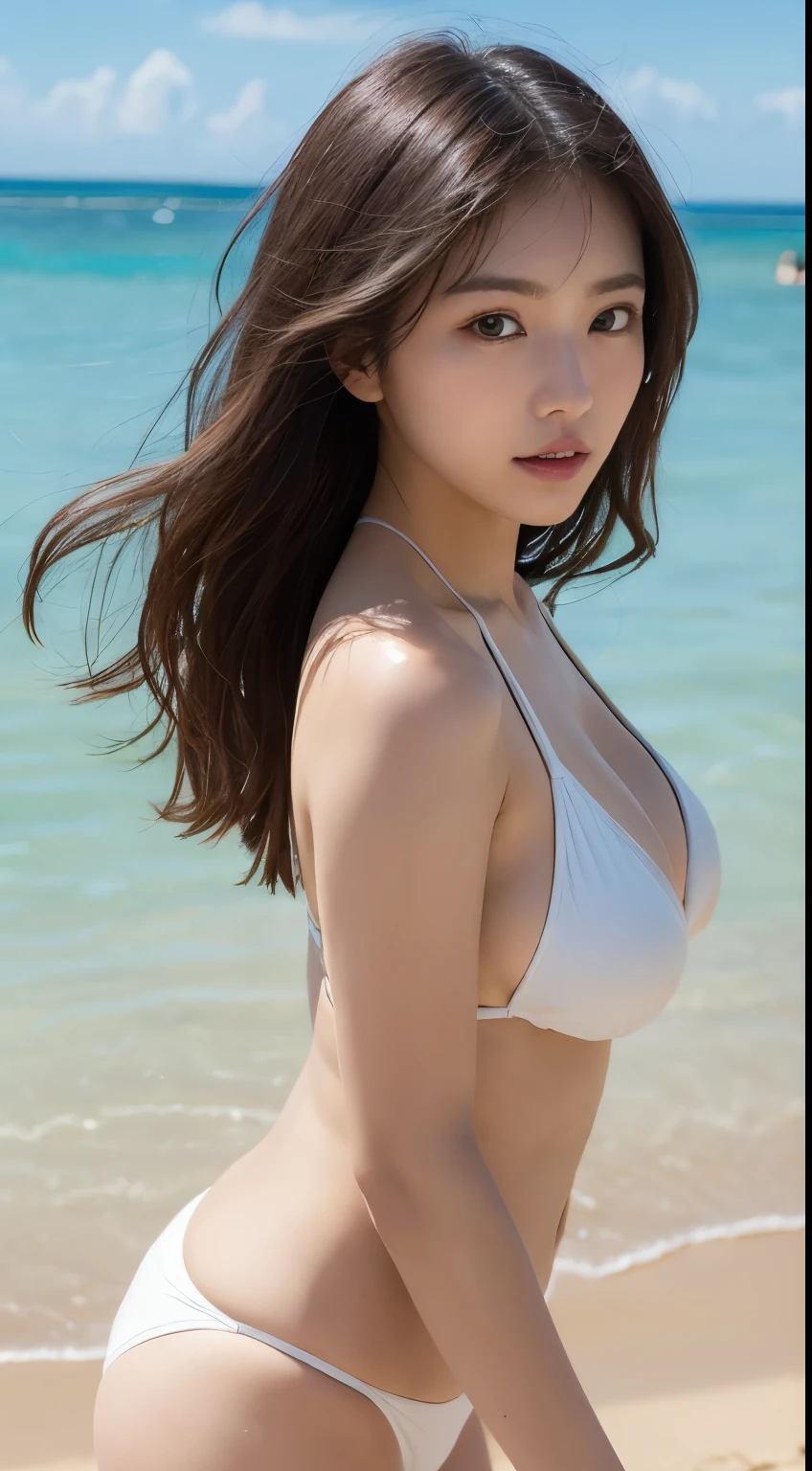 masterpiece, Highest quality, shape, Very detailed, In detail, Highest Resolution, 8k wallpaper, Perfect dynamic composition, Beautiful details, Natural Lip, bikini, , whole body,In-person audience,The front of the body faces the camera, At the Beach, G-string,Looking into the camera,stand,whole body