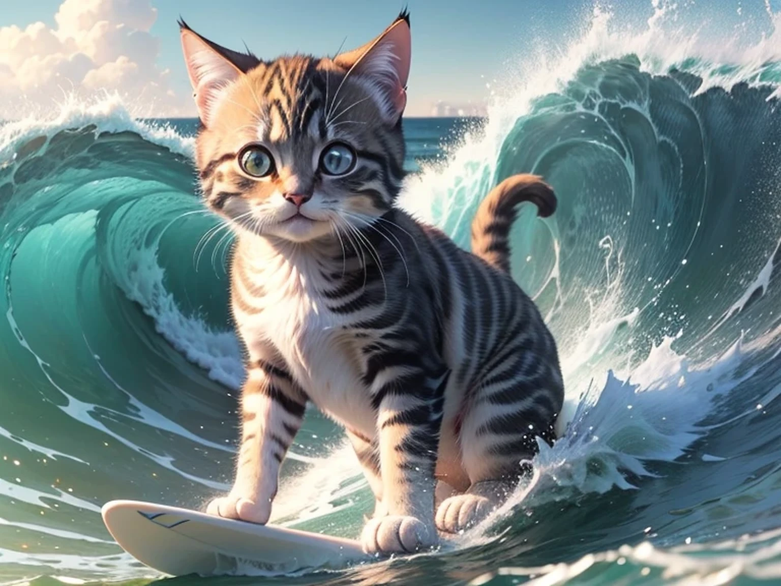 (Surfing cat:1.2), Very Cute cat, A cat with all its hair shaved except for its head, Highly detailed CG, Super detailed, sea waves, Big Wave, no humans, bright sunny day,  cat, 
