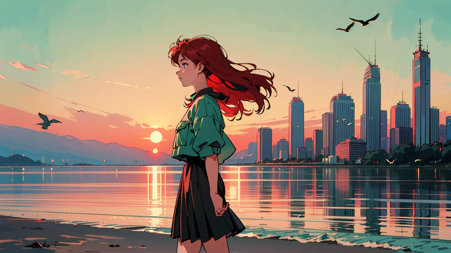 Highest quality, 8k, 1990s style, Hairstyles of the 2010s, 21 year old girl, Red hair, Long Hair, Green Eyes, City Pop, skirt, Walking on the beach, whole body, Sunset beach background, Looking up at the birds, Attractive profile