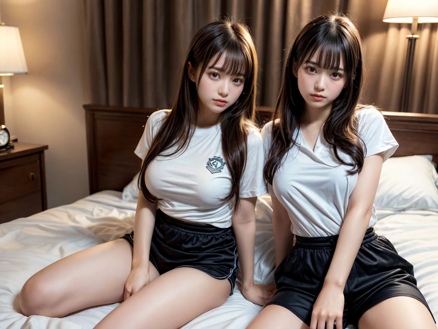 masterpiece, best quality, illustration, Super detailed, fine details, High resolution, 8K,wall paper, perfect dynamic composition,(Details High quality, realistic depiction of eyes:1.3), (2 girls), oversized sport shirt, shorts women, sitting, open legs, short bob hair, in a hotel room in the background, deep on field, large breasts, black hair color, Big Natural Color Lip, (perfect body shape), crying a little、Harajuku style、20 year old girl、cute type、beautiful legs, Gravure Idol