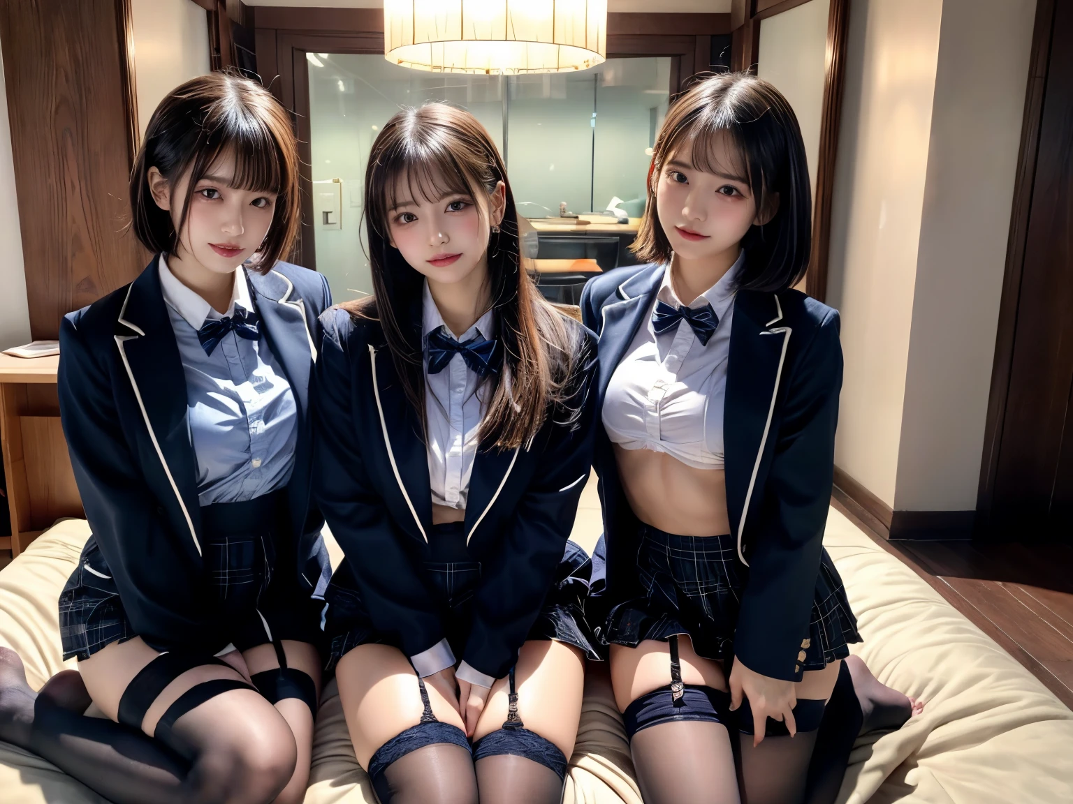 (8k, RAW Photos, Highest quality, masterpiece:1.2), masterpiece, Highest quality, figure, Very detailed, The finer details, High resolution, 8k,wallpaper, Perfect dynamic composition,(Detailed high quality, Realistic depiction of eyes:1.3), ((2 girls, 2 high school girls)), Kiss, French kiss, close, nsfw, saliva,The background is a room in a luxury hotel、 uniform、blazer 、Super Short Check Uniform Skirt、Navy blue knee-high socks、garter belt、huge 、Disheveled uniform, Play with each other,Touching each other's bodies,Touching the body of the girl next door, Short Bob Hair, Black hair color, hugeな胸, Big Natural Color Lip, Bold sexy pose, (Perfect figure), Crying a little、Cold Stare, Beautiful Makeup,Glitter makeup,The cutest 18 year old, Beautiful feet, Gravure idol pose, Voluptuous thighs
