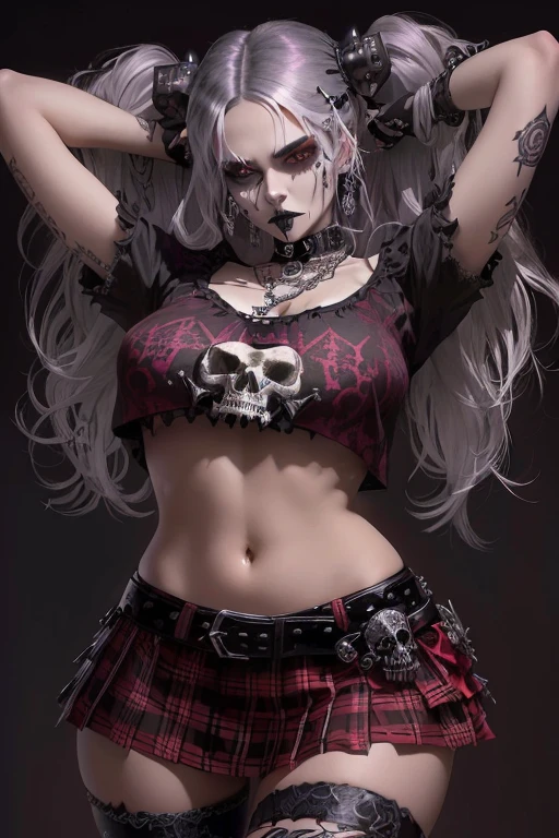 a close up of a woman in a short skirt and shirt, skulls on their hips, top model Gothic muito lindo, Goth girl, beautiful necromancer girl, Goth girl, seductive cyberpunk dark fantasy, adorned with demonic skulls, Gothic, Heavy Metal Style, vibrações de terror Gothic, anime skull portrait woman, beautiful necromancer girl