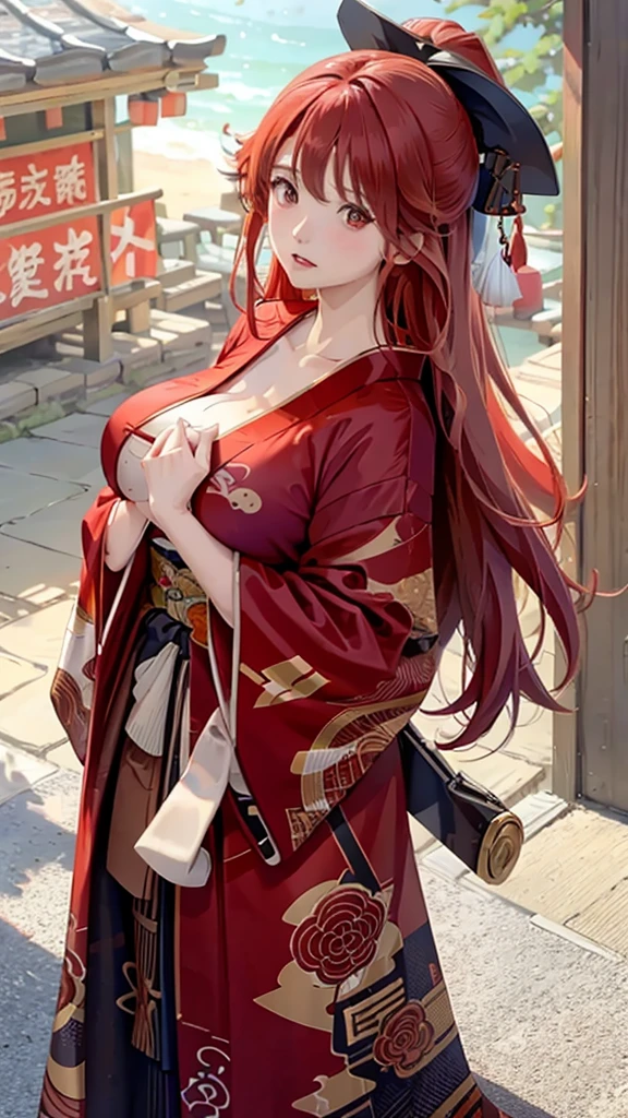 a red-haired, red-eyed woman with very large breasts wearing a kimono