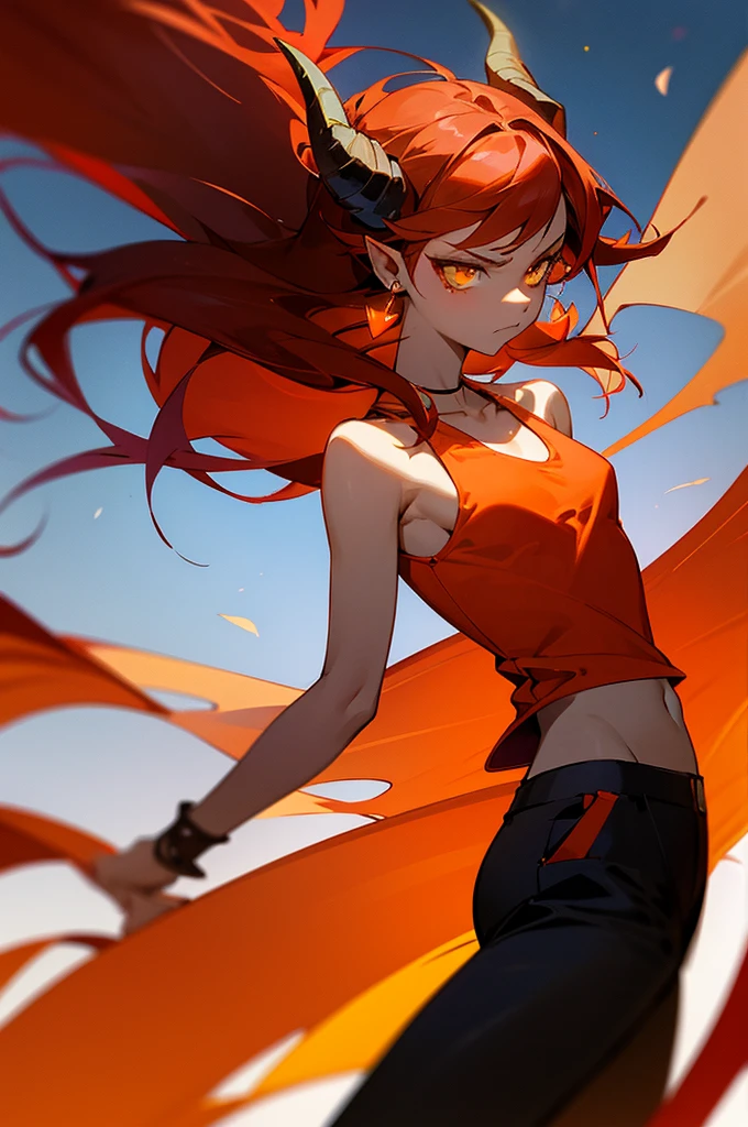 fairy, woman, fairy wings, dark skin,red hair, long hair, orange highlights, horns, red aura,serious face, yellow eyes, cowboy shot, black tanktop, black pants, red earrings, 