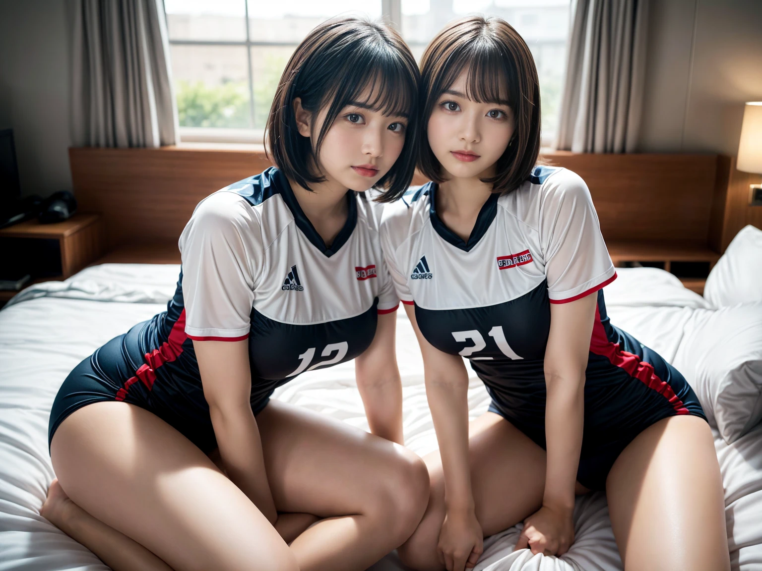 masterpiece, best quality, illustration, Super detailed, fine details, High resolution, 8K,wall paper, perfect dynamic composition,(Details High quality, realistic depiction of eyes:1.3), (2 girls), (short hair volleyball player, Volleyball Uniforms), Tight clothes, sitting, open legs, short bob hair, in a hotel room in the background, deep on field, large breasts, black hair color, Big Natural Color Lip, (perfect body shape), crying a little、Harajuku style、20 year old girl、cute type、beautiful legs, Gravure Idol