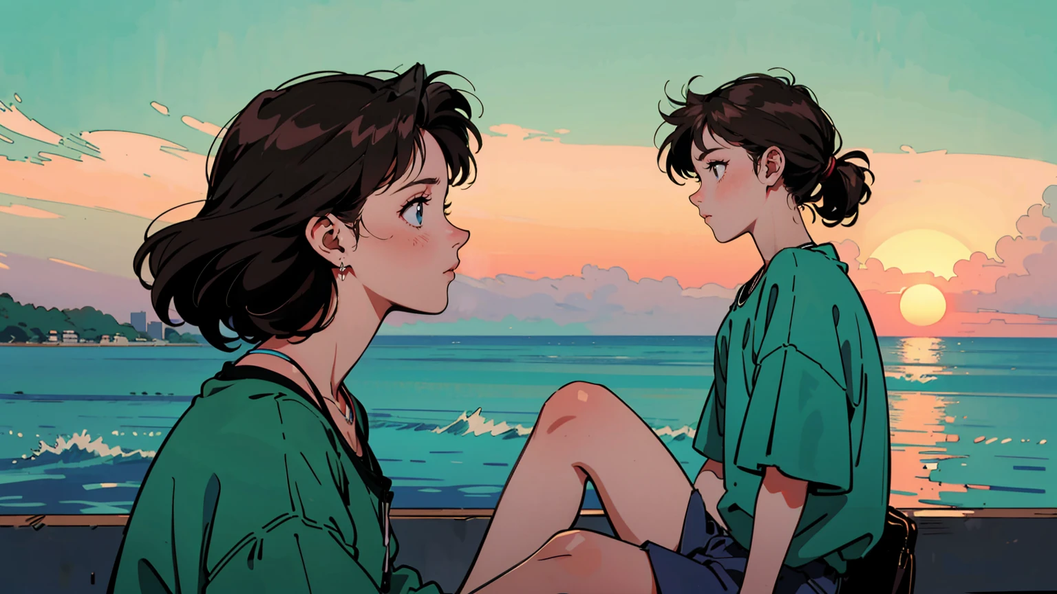 Highest quality, 8k, 1990s style, Hairstyles of the 2010s, 21 year old girl, Brown Hair, Medium straight, Green Eyes, City Pop, casual, Watching the sunset at the beach, whole body, Ocean Background, sitting on the beach, The profile is calm