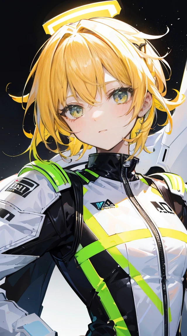Remove all background,white solid background,black racing suit,Gradient light yellow hair,Neon hair accessories,Light brown eyes,Social People,stand at attention,ID photo,whole body