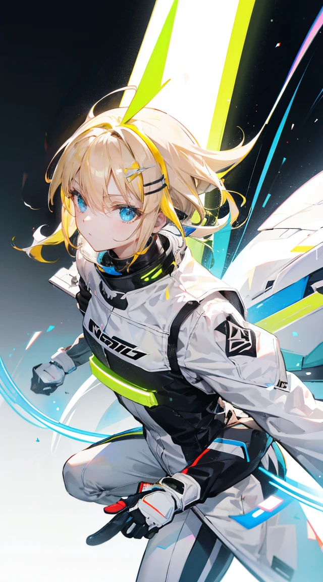 Remove all background,white solid background,black racing suit,Gradient light yellow hair,Neon hair accessories,Light brown eyes,Social People,stand at attention,ID photo,whole body