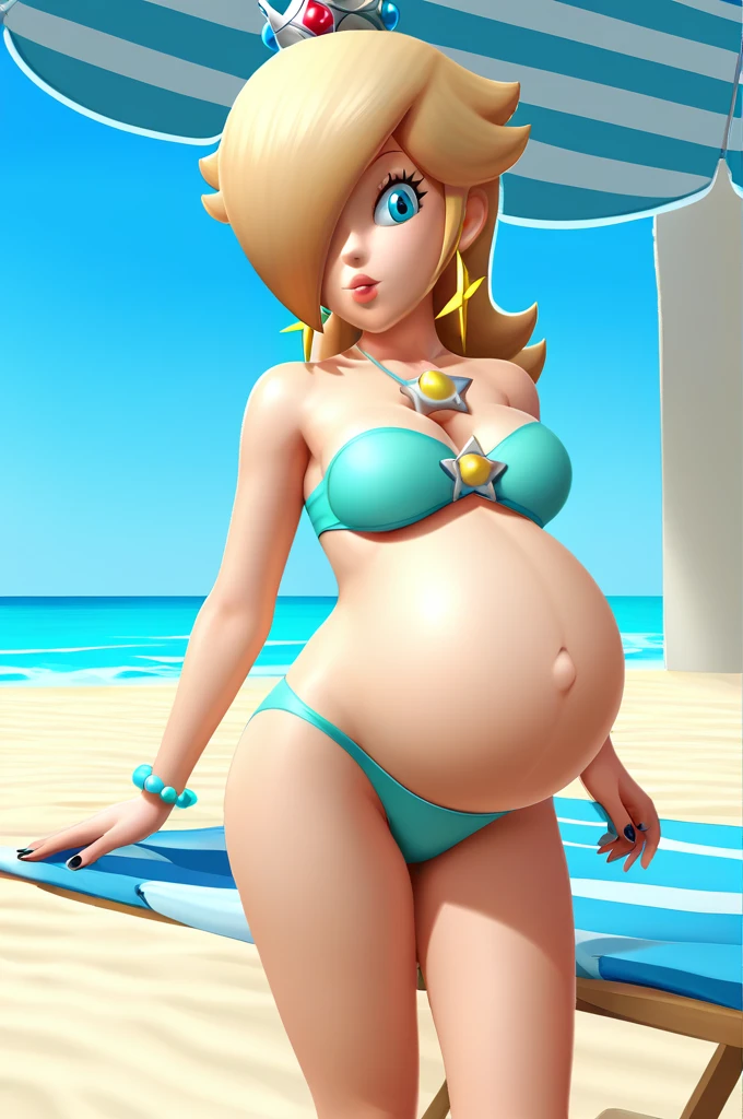 score_9, score_8_up, 1girl, solo, rosalina, style parody, thick outlines, bikini, panties, pregnant belly, big belly, sleeveless, strapless, cleavage, indoors, beach, black nails, complete body, perfect, blue nails,