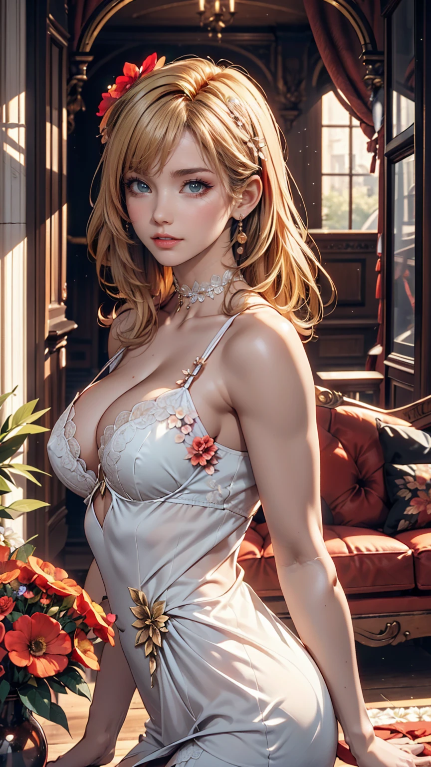 The 24-year-old girl, Very large breasts in a short European dress that shows cleavage、Black choker、Hair Flower((hair flower))、Palaces in France(Luxury)、Blonde、blue eyes、Rouge((rot))Lips pulled back