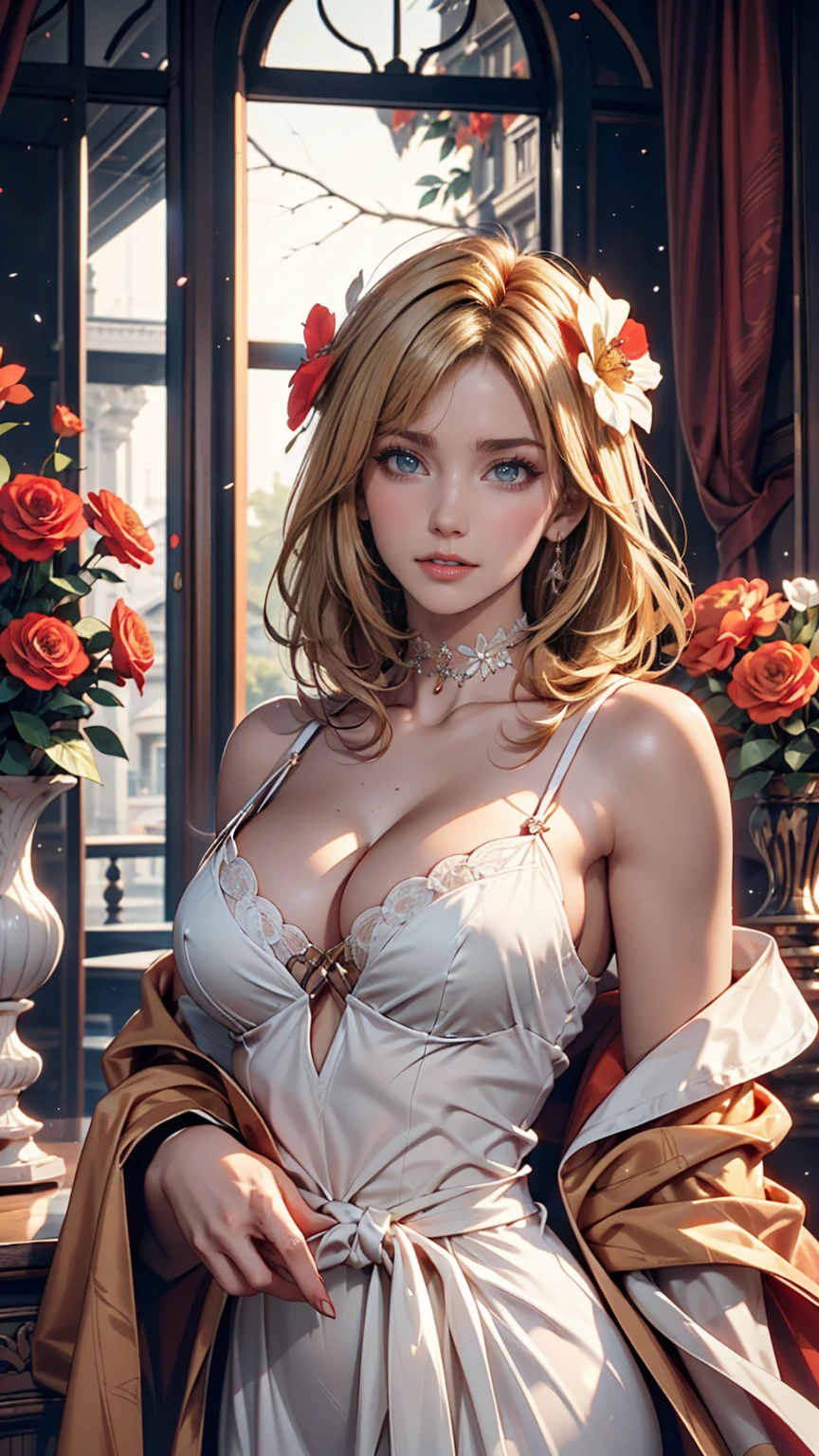 The 24-year-old girl, Very large breasts in a short European dress that shows cleavage、Black choker、Hair Flower((hair flower))、Palaces in France(Luxury)、Blonde、blue eyes、Rouge((rot))Lips pulled back