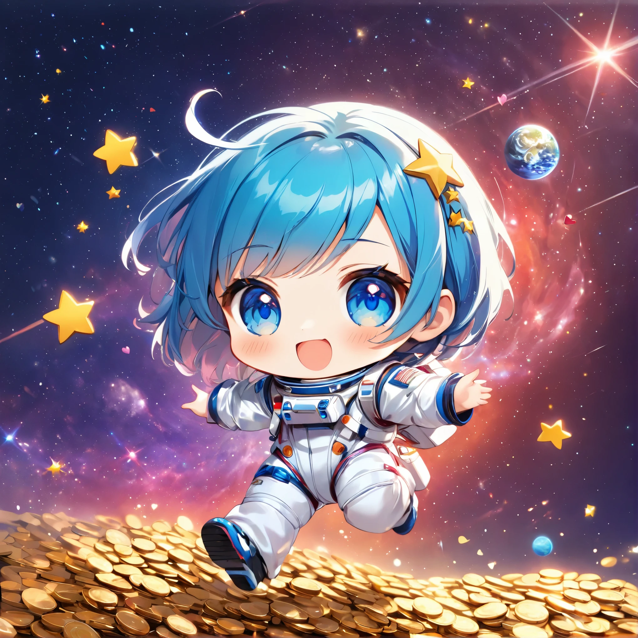 A Girl, Long Blue Hair, Blue Eyes, Star Hairpin, Colorfull Style, Simple Line Initialism,Abstract Art, The Most Beautiful Girl Of All Time, Chibi, Sweet Face. Colorful Hearts, Gold 3D Coins, Funny Design, Happy Dance, Spacesuit, Cute Aliens, The Background Is Space and planet