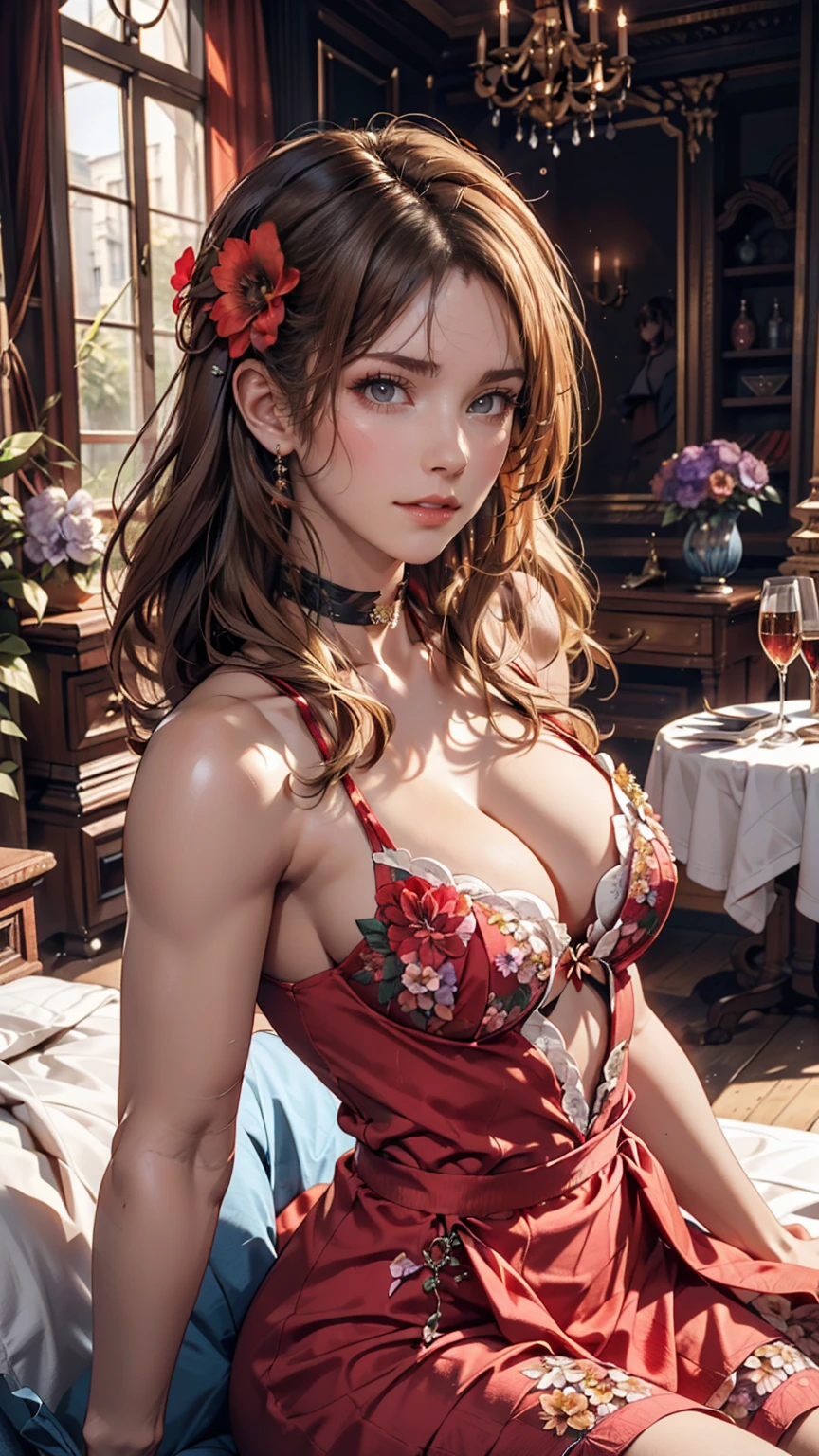 The 24-year-old girl, Very large breasts in a short European dress that shows cleavage、Black choker、Hair Flower((hair flower))、Palaces in France（Luxury)、Blonde、blue eyes、Rouge((rot))Lips pulled back