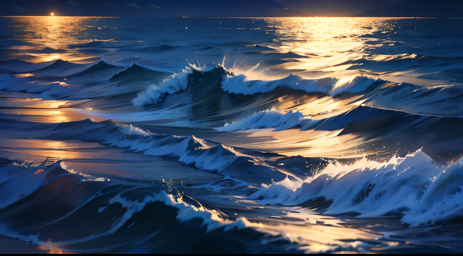 The sea at night, illuminated by the moonlight