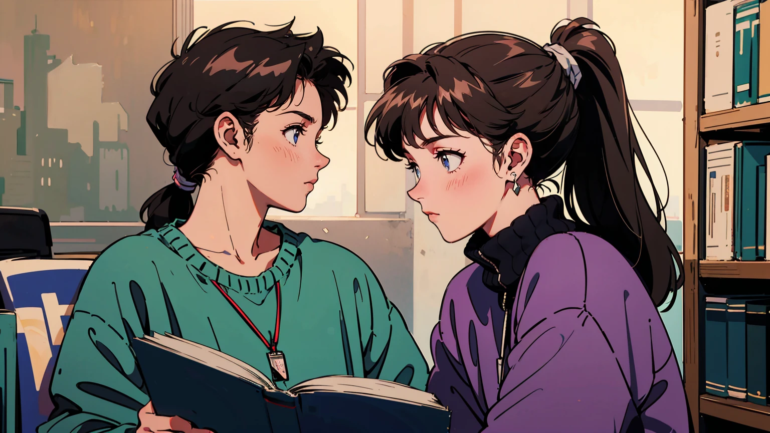 Highest quality, 8k, 1990s style, Hairstyles of the 2010s, 21 year old girl, Brown Hair, ponytail, Gray Eyes, City Pop, jumper, Reading a book in the library, whole body, Library Background, concentrating on reading, Intellectual profile