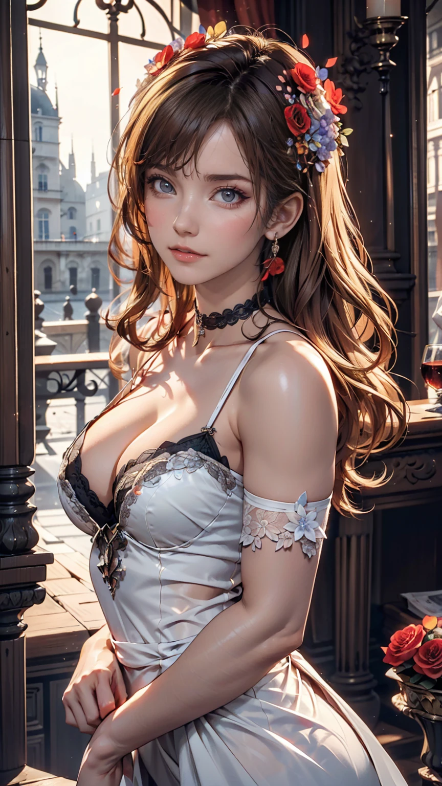 The 24-year-old girl, Very large breasts in a short European dress that shows cleavage、Black choker、Hair Flower((hair flower))、Palaces in France（Luxury)、Blonde、blue eyes、Rouge((rot))Lips pulled back