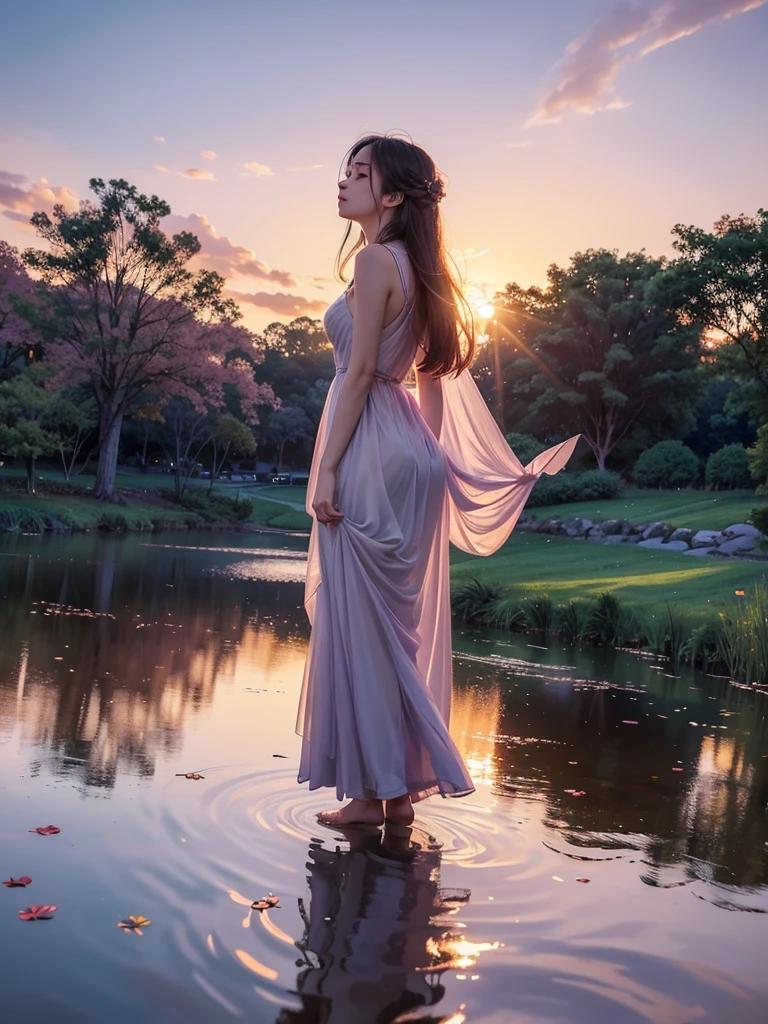 Official Art, Unified 8k wallpaper, Very detailed, masterpiece, Best image quality,Ultra Wide Angle,evening,woman,Standing in the pond,water is like a mirror,Reflecting the sky。Looking up at the sky,(Colorful sunset),Dynamic Angle, Grace, Bright colors,Subtle reflections on the water surface,Sparkling ripples,Soft golden light,A breeze caresses her hair,flying leaves,Subtle pink and purple hues in the sky,dreamy and fantastic atmosphere,Lens flares add a touch of magic