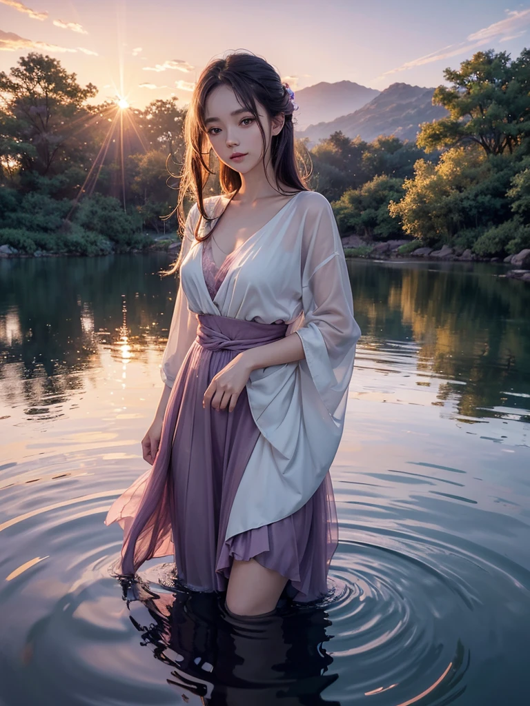 Official Art, Unified 8k wallpaper, Very detailed, masterpiece, Best image quality,Ultra Wide Angle,evening,woman,Standing in the pond,water is like a mirror,Reflecting the sky。Looking up at the sky,(Colorful sunset),Dynamic Angle, Grace, Bright colors,Subtle reflections on the water surface,Sparkling ripples,Soft golden light,A breeze caresses her hair,flying leaves,Subtle pink and purple hues in the sky,dreamy and fantastic atmosphere,Lens flares add a touch of magic