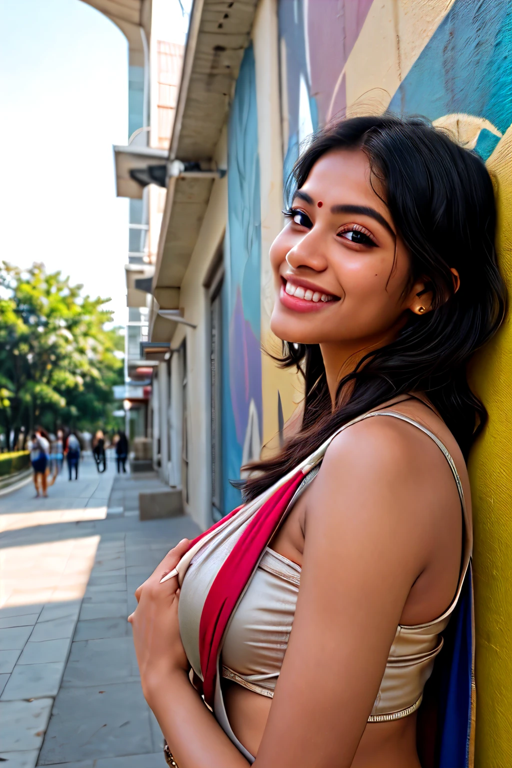 ((best quality)), (multicolored hair, crown, dashed eyes, smile, Hyperrealism, cinematic lighting, close-up, Ultra-Wide Angle, 135mm, Canon, best quality, high quality, super detail 20-year-old Brazilian student ambles through the bustling university campus. Dressed in lively attire, her carefree hair dances with the breeze. The details on her face showcase a mix of curiosity and focus. In the backdrop, murals of abstract and futuristic urban art contribute to the modern and inspiring ambiance. Engaged in conversations, she exudes a vibrant presence, navigating an academic environment that seamlessly fuses art, innovation, and learning.(masterpiece)), (detailed), Beautiful indian woman, thin saree,
