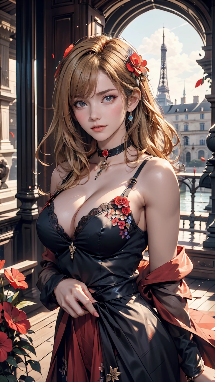 The 24-year-old girl, Very large breasts in a short European dress that shows cleavage、Black choker、Hair Flower((hair flower))、Palaces in France（Luxury)、Blonde、blue eyes、Rouge((rot))Lips pulled back