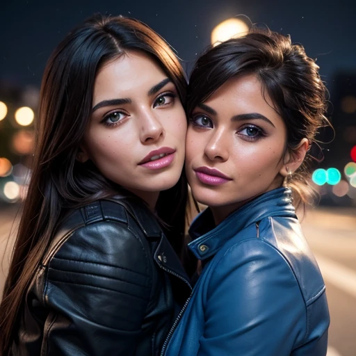 Best quality, realistic, from the front in first person, On the street , (a female mexican Supermodel), (sexy blue leather jacket:1.1), split, seductive smile, (dark hair), (hairstyle:1.0), Perfect eyes, sharp parts, detailed face, face-makeup, cheeks turn red, Eyeliner, eyeshadow, lip gloss, Supermodel, (Deep Focus), (hard lighting), (Night time), (realistic lighting:1.0) (( two lesbians kiss and hug))