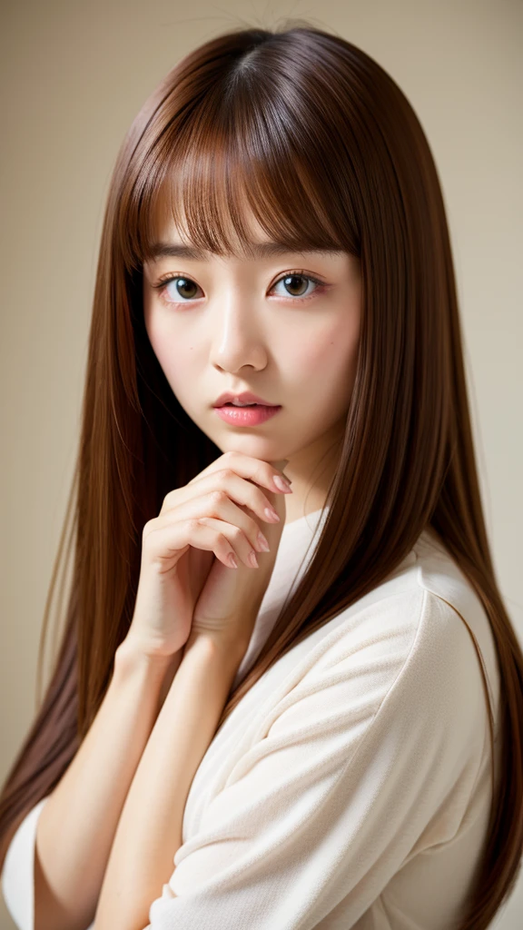 (Highest quality, 8k, 32K, masterpiece, Ultra-high resolution:1.2), Ultra-high resolution, (Cute Japanese Girl), Portraiture, Medium-long brown hair, bangs、26 years old