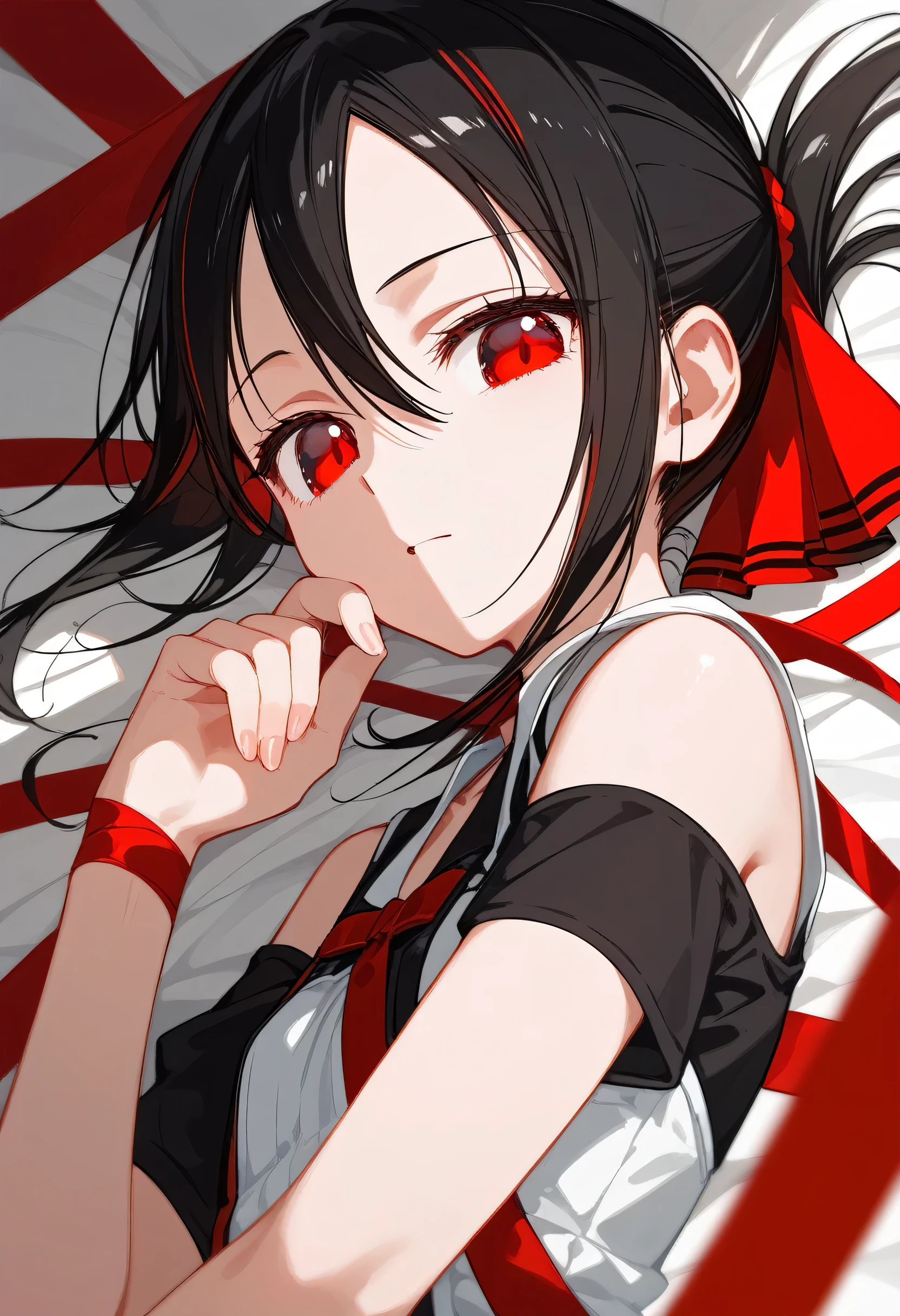 One Girl、Kaguya-shinomiya, kaguya shinomiya, Messy black hair、long hair, (Red eyes:1.5), red ribbon, ribbon, Side Lock, (Small breasts:1.2), BREAK looking at viewer, BREAK indoors, BREAK (masterpiece:1.2), highest qualthaty, High resolution, unthaty 8k wallpaper, (shape:0.8), (Fine and beautiful eyes:1.6), Highly detailed face, Perfect lighting, Highly detailed CG, (Perfect hands, Perfect Anatomy)、Collapse into bed、that&#39;Fallen、A system that allows you to see the face between your legs、Please open your mouth wide、that&#39;Come、Wistful face、haa、Embarrassing expression(1:2)、Rough breathing、Sexy Underwear、See-through underwear、(((legs wide open)))、sthat、Lie down in bed、White background、White background、Red face、Blushing、Embarrassing、Dynamic Pose、whole body、Sweat、breath、panic、panic