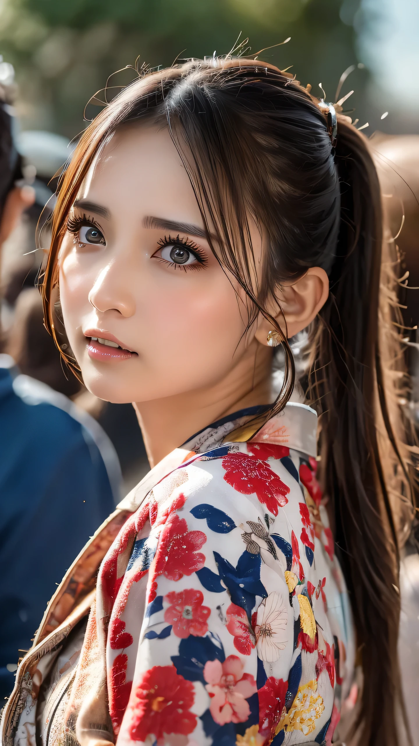 Highest quality, Finer details, (Beautiful single women))), Highly detailed eyes and face, firework, yukata, looking up at firework, ponytail, Large tear bags, double eyelid