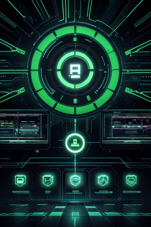 A vibrant image that represents the intersection of innovation and technology. The image must include visual elements such as binary codes, Circuitos, software icons, and Technological Devices (like computers, smartphones e tablets). The background can be a combination of green and black to give a modern and professional touch. Additional elements can include growth charts, cyber security symbols and a collaborative work environment, representing the fusion between systems development and private security