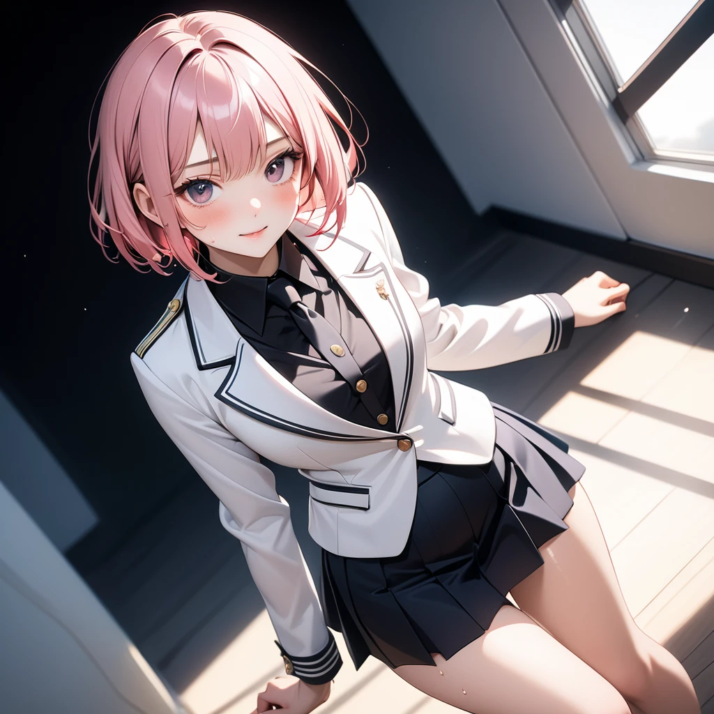 (((Woman in formal uniform, skirt))), skindentation, skinny, solo, 1 woman, Masterpiece, highest quality, highest quality, 16K, incredibly absurd, highly detailed, 2.5D, ai-generated, delicate and dynamic, very delicate facial expressions, delicate eye depiction, erotic, only sexy woman, ((A cute and kind face)), healthy figure, ((25-year-old woman)), 160cm tall, medium firm swaying bust, (short hair), (pink hair:1.5), bob cut, black eye, blush, Sweat,Embarrassed,sexy, ((thin thighs)), (camel toe:0.7), (visible nipples:0.3), (Erect nipples,:0.7), shiny and lustrous, facing straight at viewer, (((in heat))), ((Oily_skin)), ((dutch angle)), ((erotic pose)), (Background inspired by the sound of a siren),