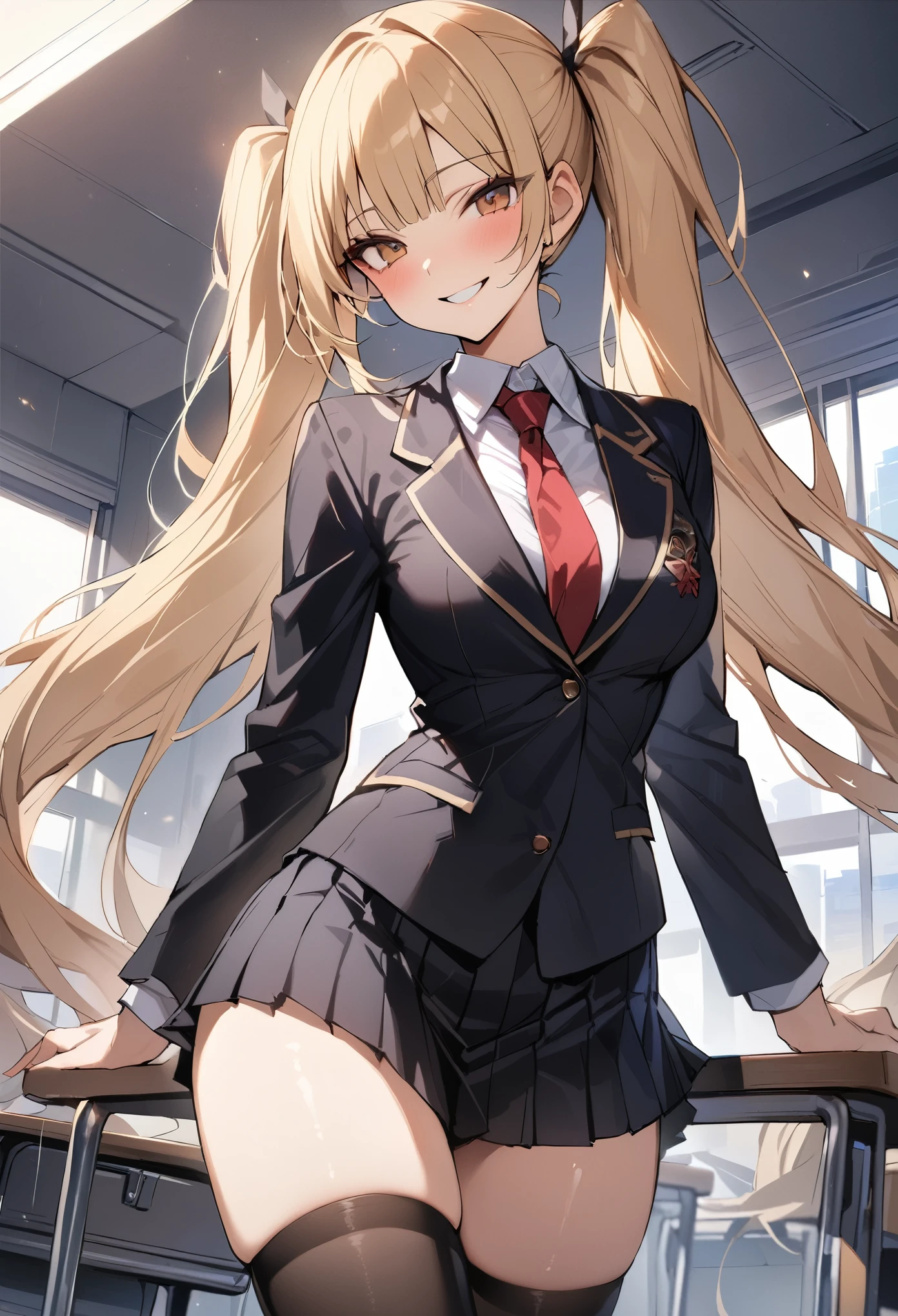 ((masterpiece,best quality anime,Highest quality:1.3)),cowboy shot,Mature Beauty,独奏,1woman,((very small head:1.3)),((ideal ratio body proportions:1.2)),blonde hair,high twin tails,straight long hair,bangs,gorgeous eyes,brown eyes,smile,(Academy制服、Black blazer jacket、Red tie、Black pleated mini skirt),black_thighhighs,((slender body,skinny)),medium breasts,gleaming skin,shiny skin,classroom、Academy、Modern Tokyo、