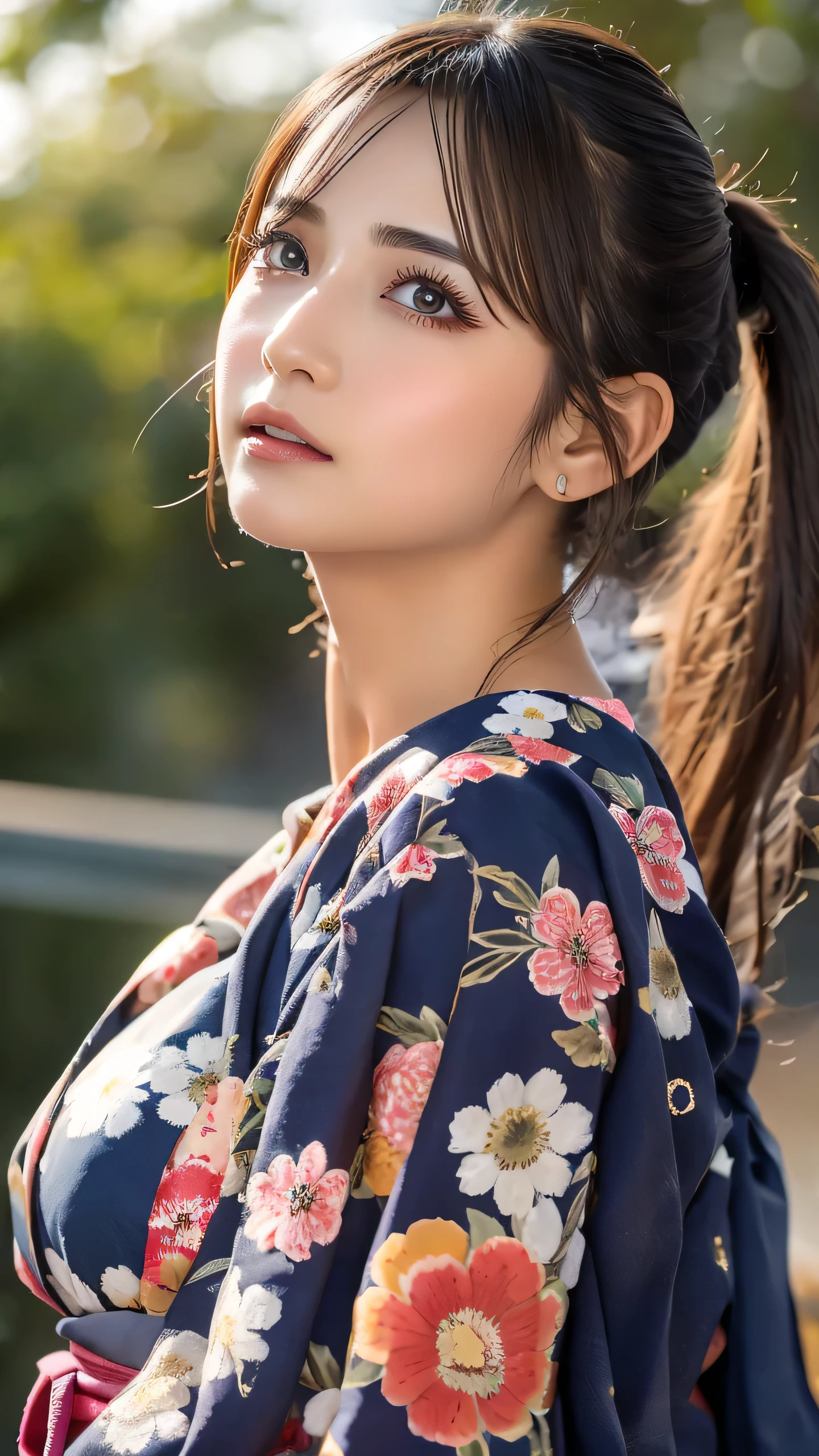 Highest quality, Finer details, (Beautiful single women))), Highly detailed eyes and face, firework, yukata, looking up at firework, ponytail, Large tear bags, double eyelid