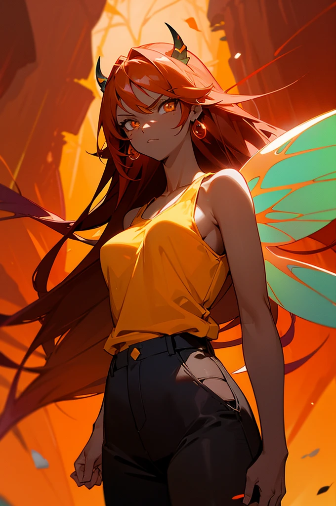 fairy, woman, fairy wings, dark skin, red hair, long hair, orange highlights, yellow horns, red aura,serious face, light yellow eyes, cowboy shot, black tanktop, black pants, red earrings, standing in front of camera, staring at camera, red haori, forest background,