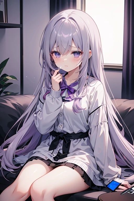 Good quality, perfect quality, perfect, Adult Anime Girl 2d Long Hair Loose light Purple-Grayish, Age Adulthood adult, sitting in the living room watching her smartphone, sad, crying, night, lights off, dark night, tears 