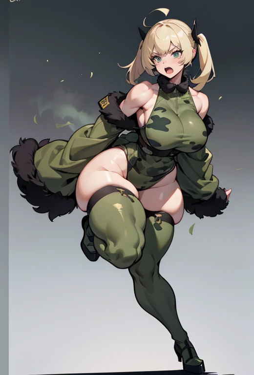 Young girl, Pullover, militar high cut leotardo, whole body to see, disgusting face, angry, scream, pigtails hair , (( very wide hips)), (((colossal Thighs, gigantic thighs, very huge thighs, very big thighs))), fullbody, platform heels, pale skin, big breast, gun, soldier girl , stockings , standing, front pose, blond, muscular girl, fit girl, ABS, militar camouflage, sleveless, shoulderless,