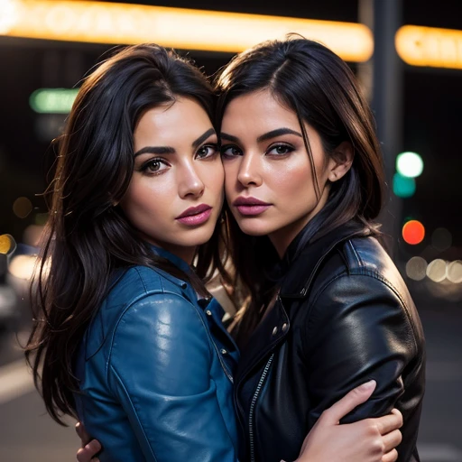 Best quality, realistic, from the front in first person, On the street , (a female mexican Supermodel), (sexy blue leather jacket:1.1), split, seductive smile, (dark hair), (hairstyle:1.0), Perfect eyes, sharp parts, detailed face, face-makeup, cheeks turn red, Eyeliner, eyeshadow, lip gloss, Supermodel, (Deep Focus), (hard lighting), (Night time), (realistic lighting:1.0) (( two lesbians kiss and hug))